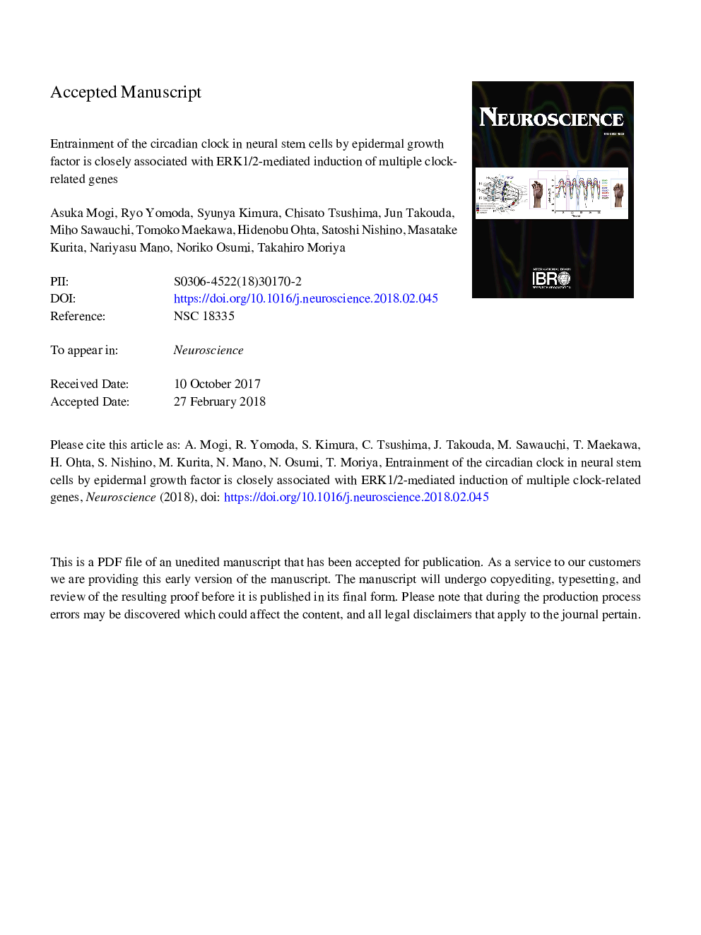 Entrainment of the Circadian Clock in Neural Stem Cells by Epidermal Growth Factor is Closely Associated with ERK1/2-mediated Induction of Multiple Clock-related Genes