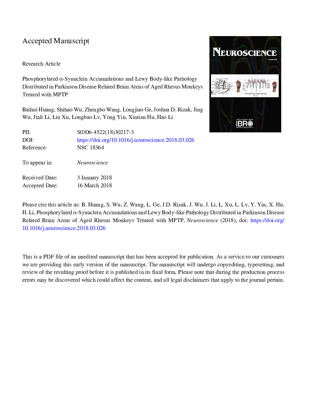 Phosphorylated Î±-Synuclein Accumulations and Lewy Body-like Pathology Distributed in Parkinson's Disease-Related Brain Areas of Aged Rhesus Monkeys Treated with MPTP