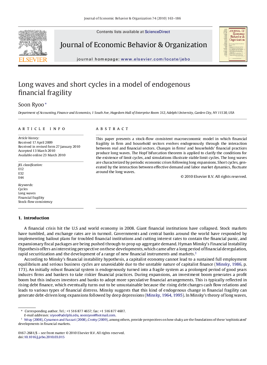 Long waves and short cycles in a model of endogenous financial fragility