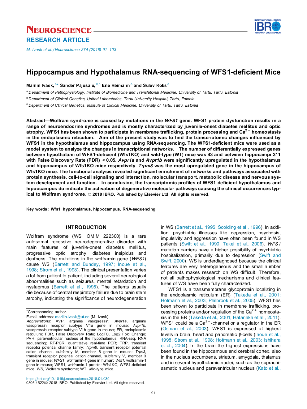 Hippocampus and Hypothalamus RNA-sequencing of WFS1-deficient Mice