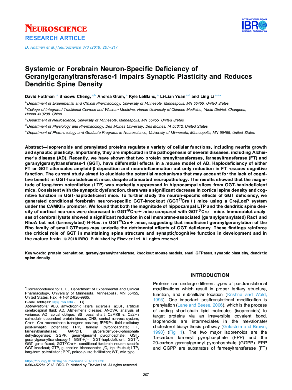 Systemic or Forebrain Neuron-Specific Deficiency of Geranylgeranyltransferase-1 Impairs Synaptic Plasticity and Reduces Dendritic Spine Density