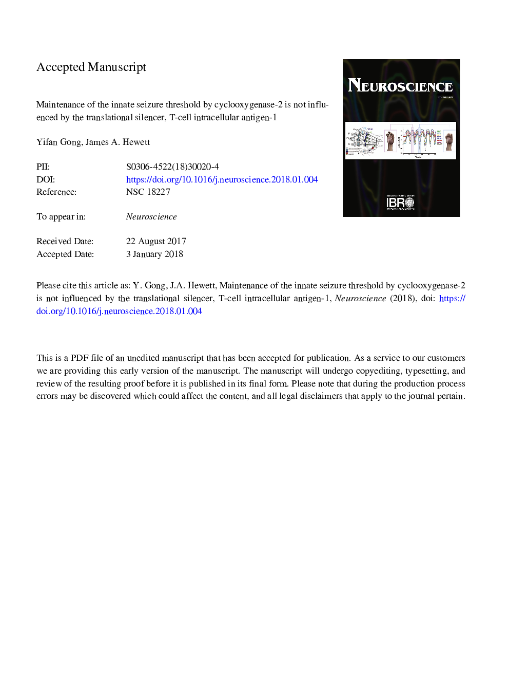 Maintenance of the Innate Seizure Threshold by Cyclooxygenase-2 is Not Influenced by the Translational Silencer, T-cell Intracellular Antigen-1