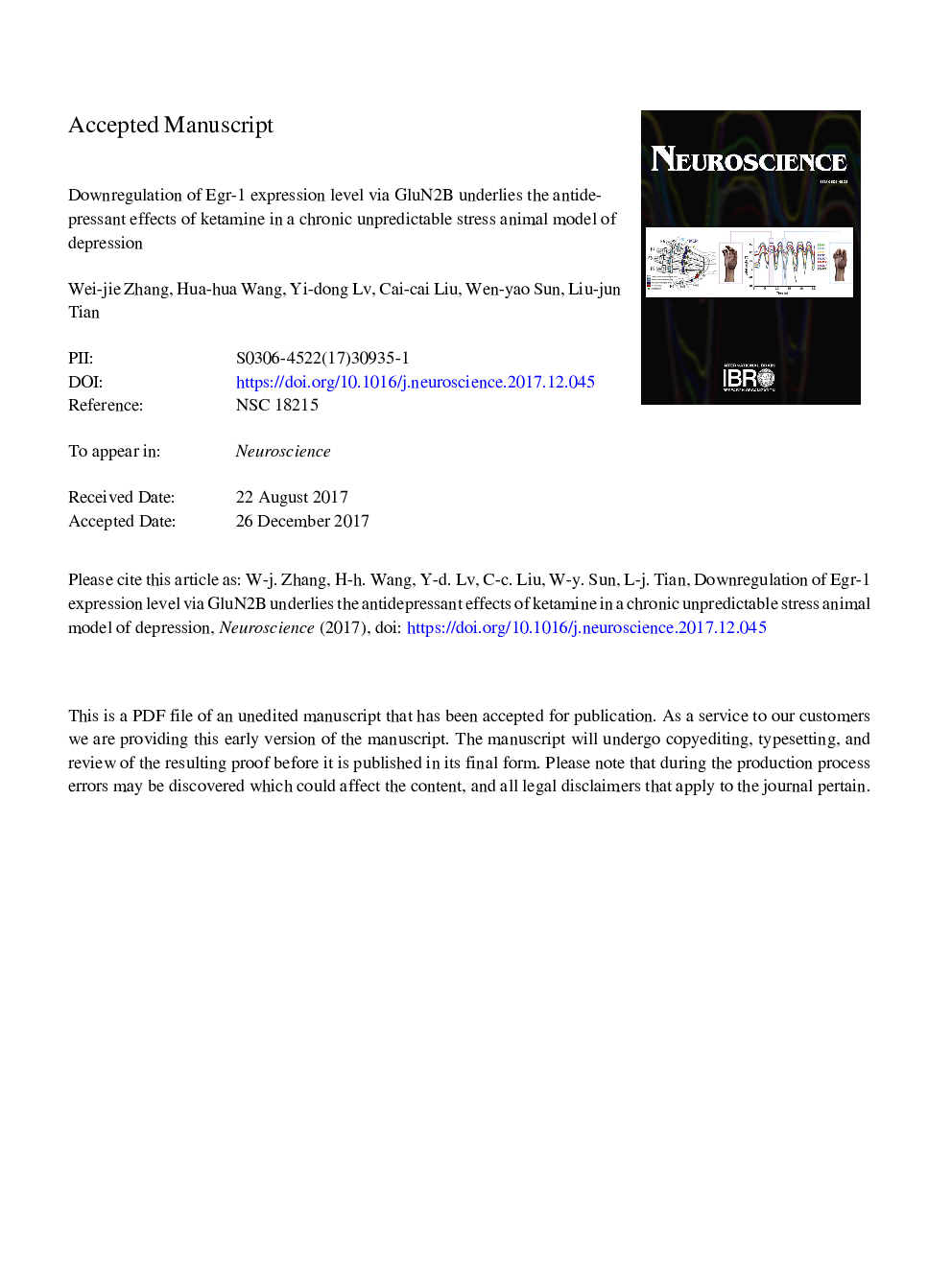 Downregulation of Egr-1 Expression Level via GluN2B Underlies the Antidepressant Effects of Ketamine in a Chronic Unpredictable Stress Animal Model of Depression