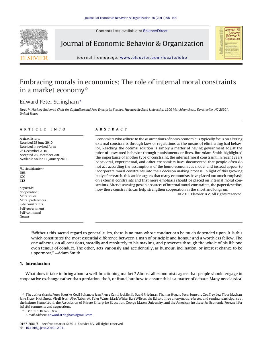 Embracing morals in economics: The role of internal moral constraints in a market economy 