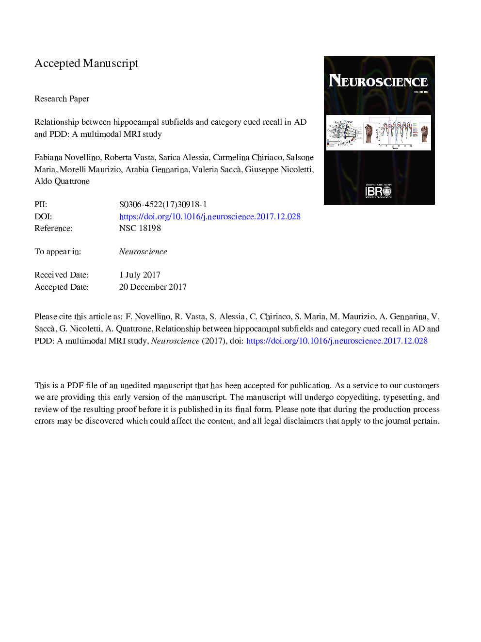 عکس صفحه اول مقاله: Relationship between Hippocampal Subfields and Category Cued Recall in AD and PDD: A Multimodal MRI Study Relationship between Hippocampal Subfields and Category Cued Recall in AD and PDD: A Multimodal MRI Study
