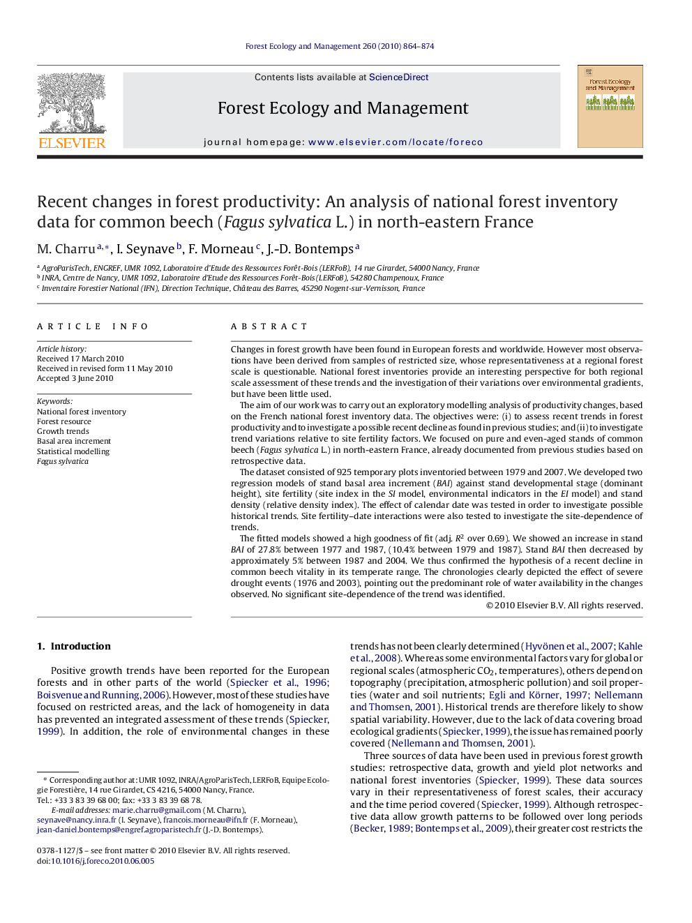 Recent changes in forest productivity: An analysis of national forest inventory data for common beech (Fagus sylvatica L.) in north-eastern France