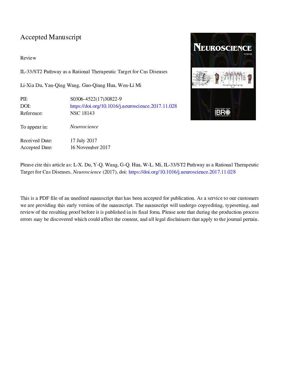 IL-33/ST2 Pathway as a Rational Therapeutic Target for CNS Diseases