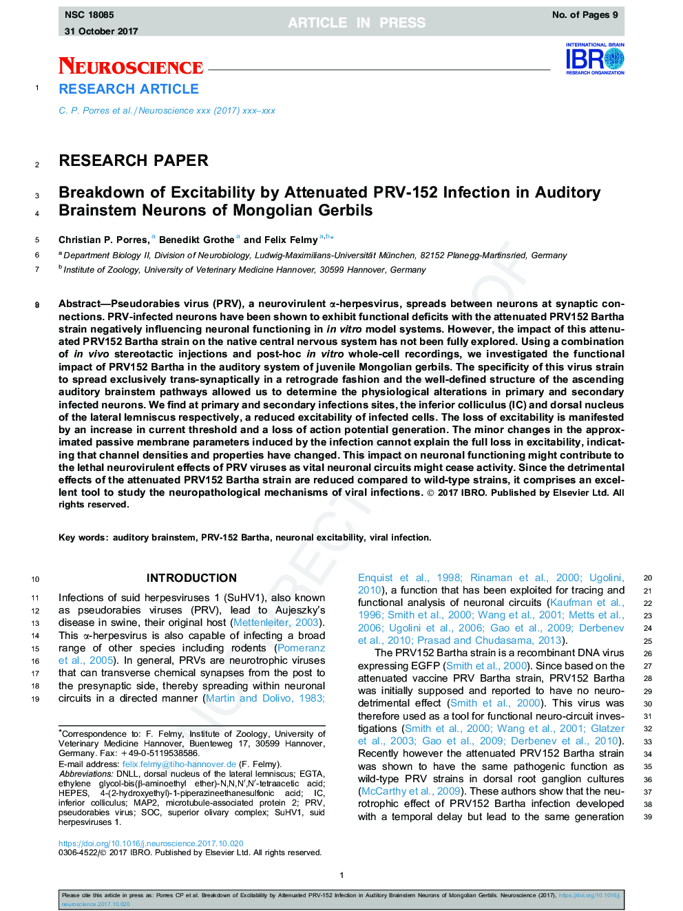 Breakdown of Excitability by Attenuated PRV-152 Infection in Auditory Brainstem Neurons of Mongolian Gerbils