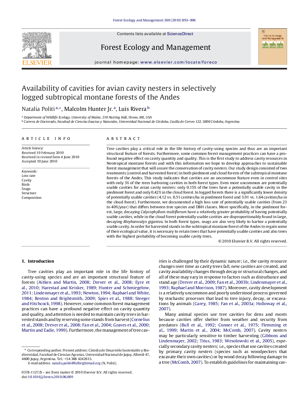 Availability of cavities for avian cavity nesters in selectively logged subtropical montane forests of the Andes