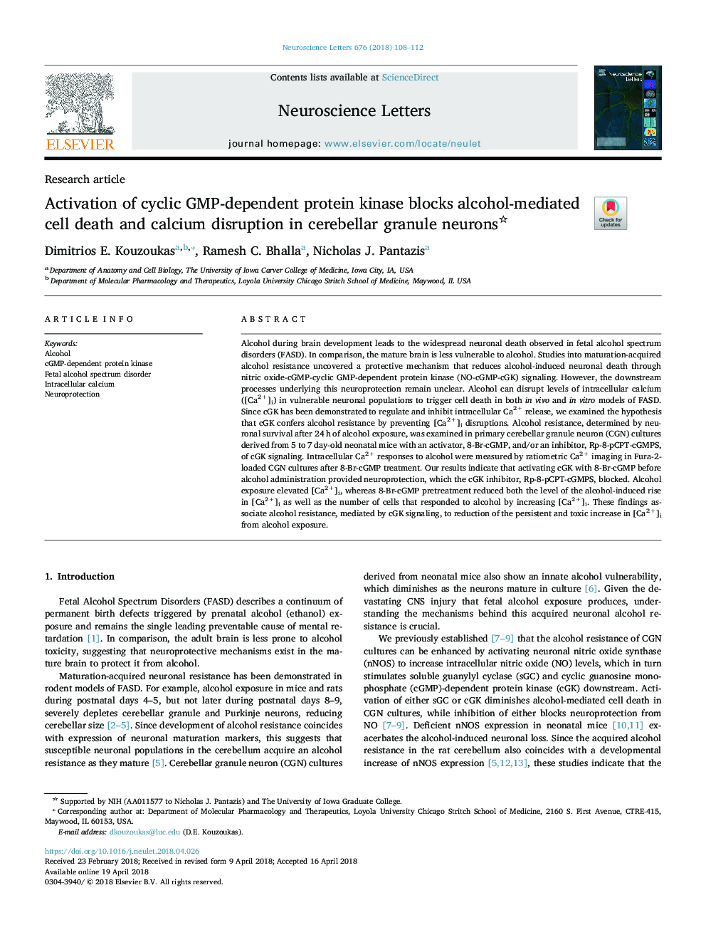 Activation of cyclic GMP-dependent protein kinase blocks alcohol-mediated cell death and calcium disruption in cerebellar granule neurons