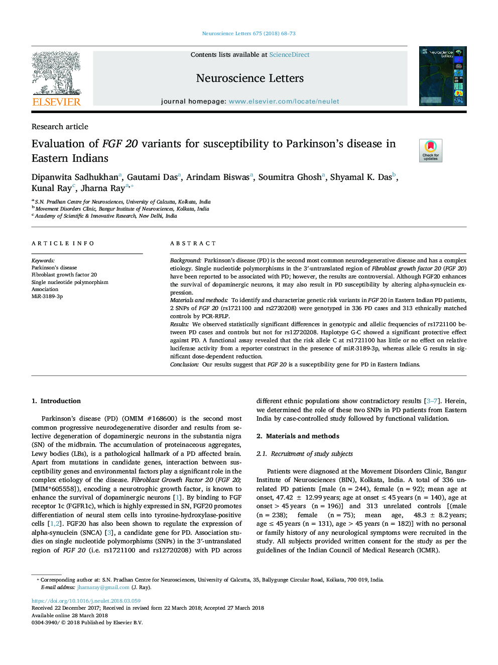 Evaluation of FGF 20 variants for susceptibility to Parkinson's disease in Eastern Indians