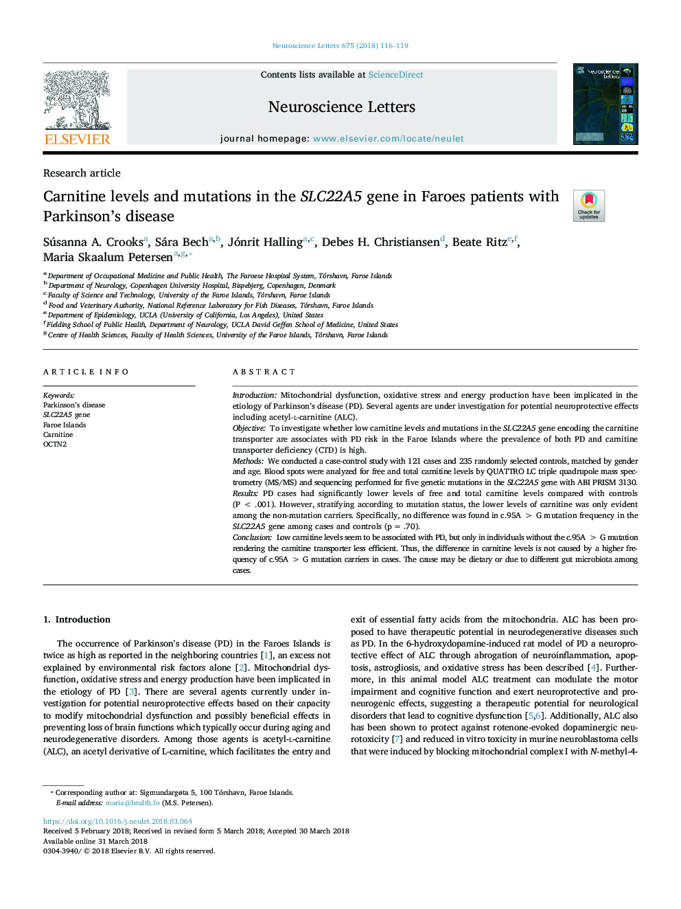 Carnitine levels and mutations in the SLC22A5 gene in Faroes patients with Parkinson's disease