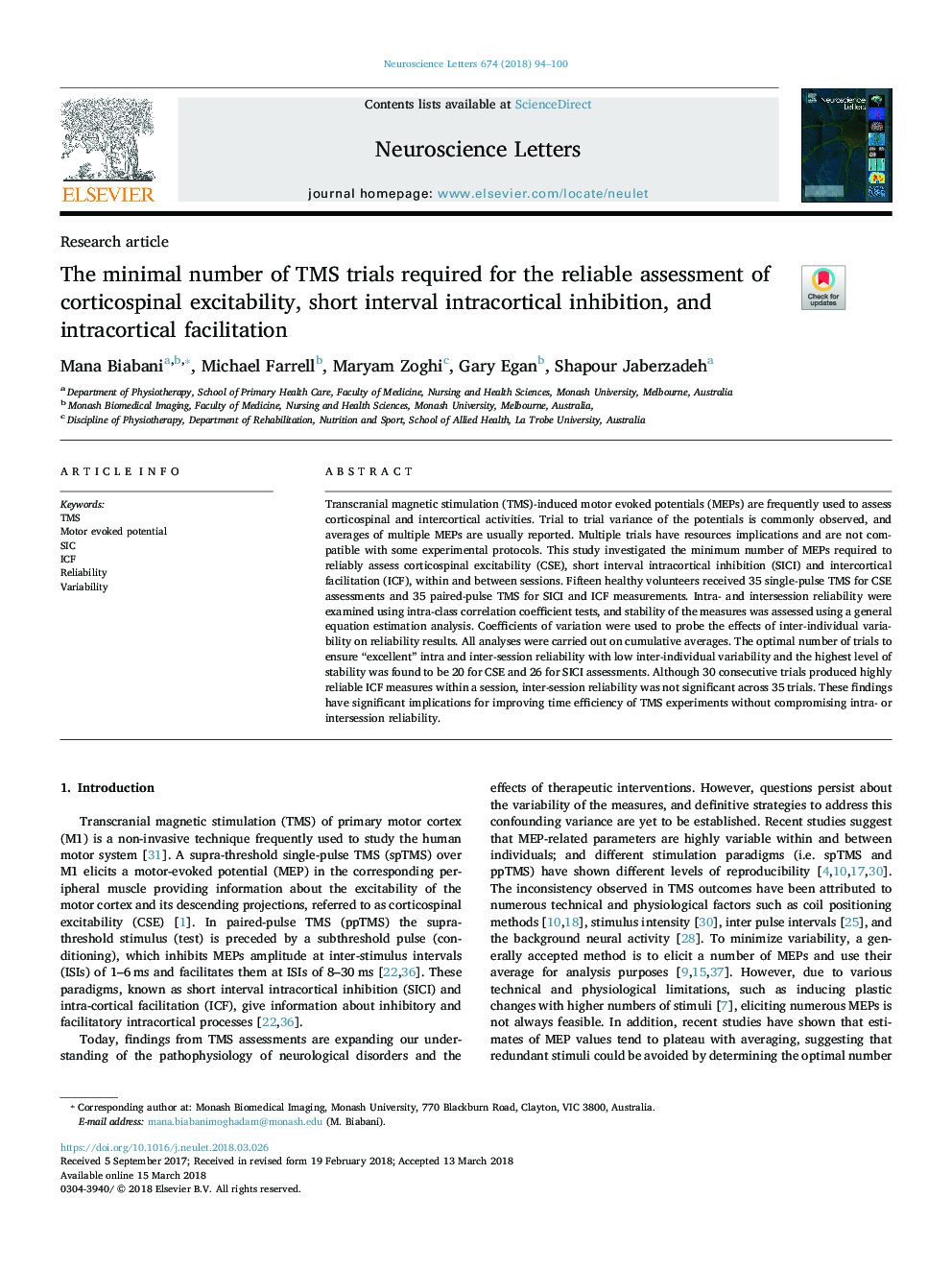 The minimal number of TMS trials required for the reliable assessment of corticospinal excitability, short interval intracortical inhibition, and intracortical facilitation
