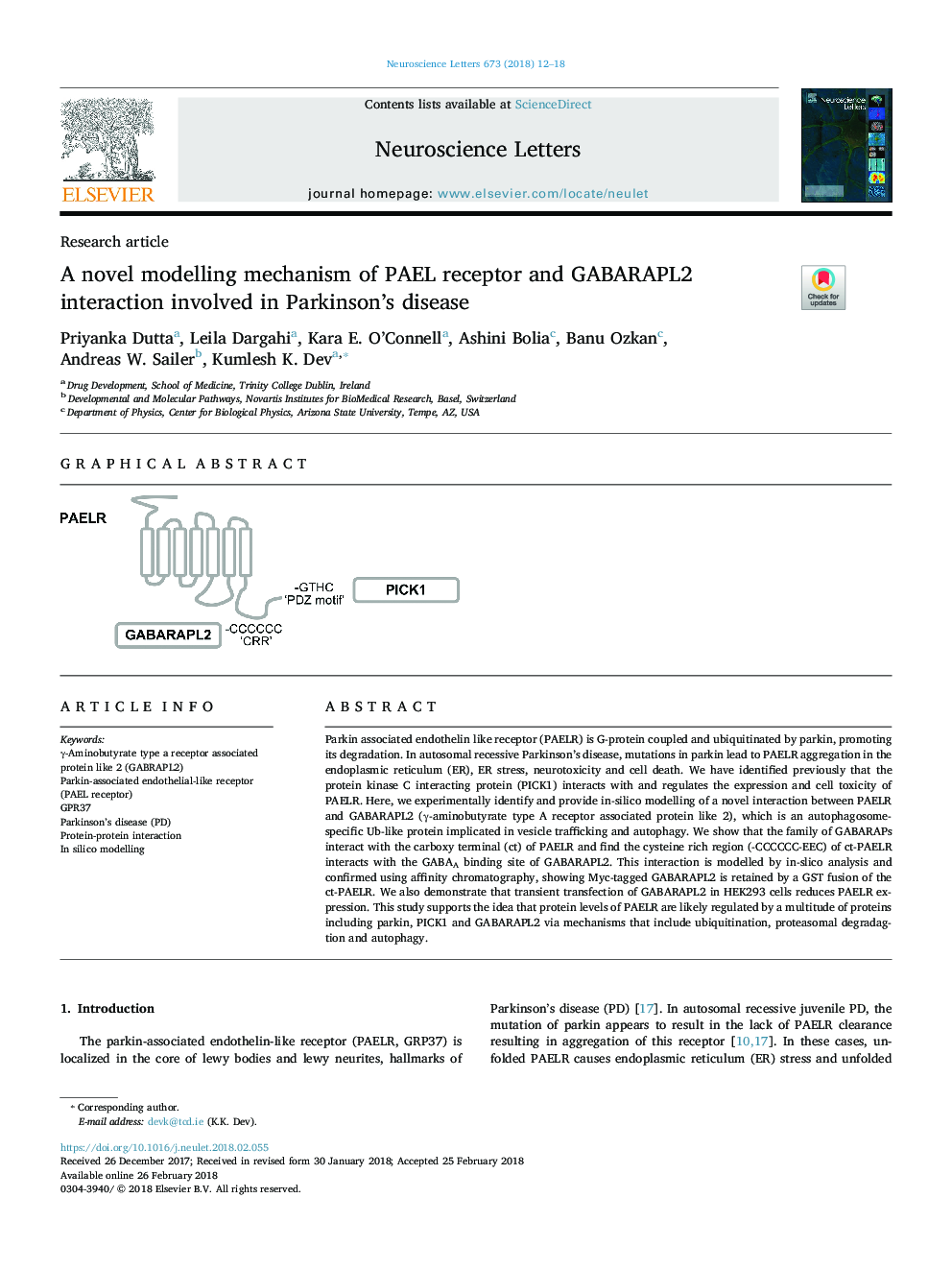 A novel modelling mechanism of PAEL receptor and GABARAPL2 interaction involved in Parkinson's disease