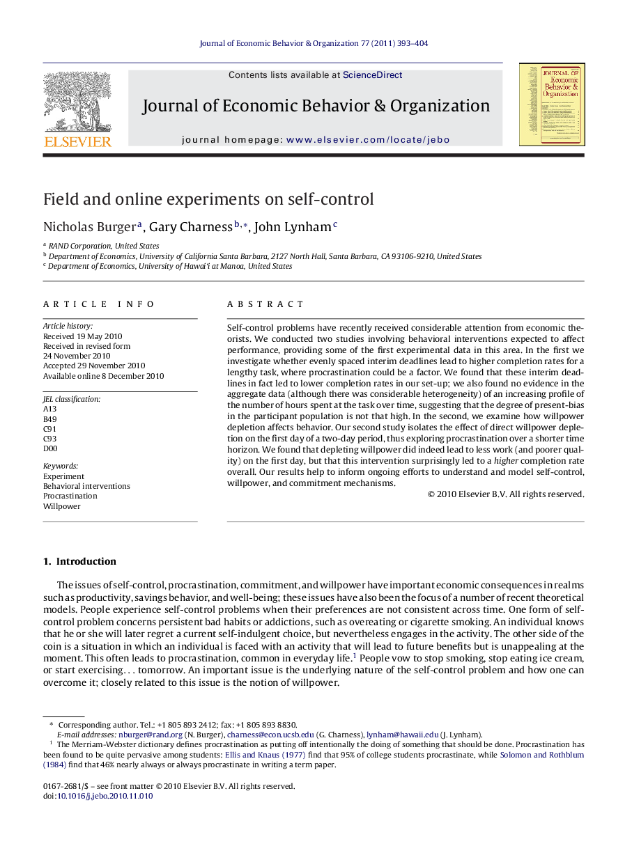 Field and online experiments on self-control