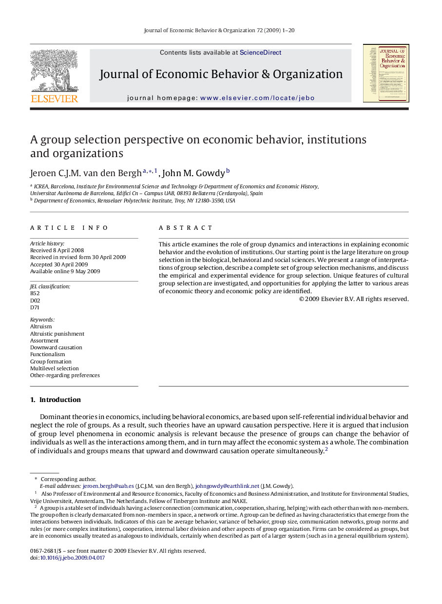 A group selection perspective on economic behavior, institutions and organizations