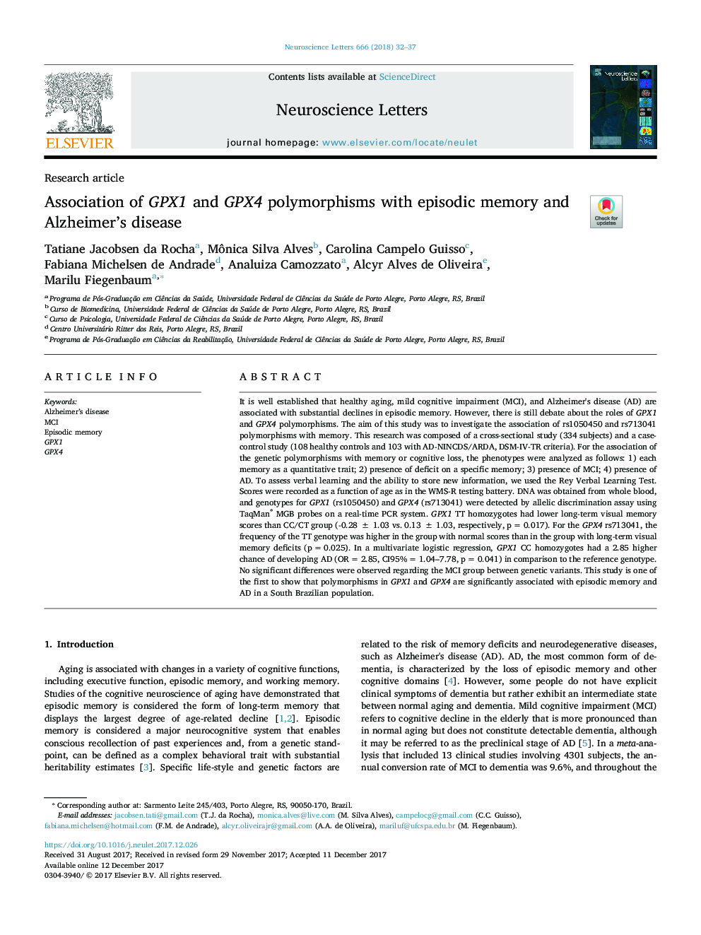 Association of GPX1 and GPX4 polymorphisms with episodic memory and Alzheimer's disease