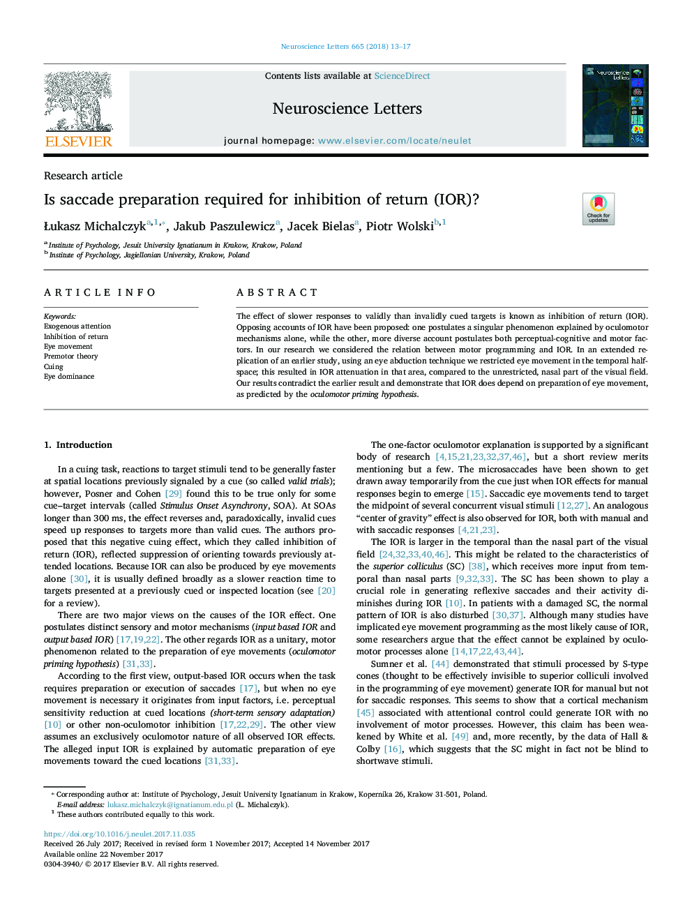 Is saccade preparation required for inhibition of return (IOR)?