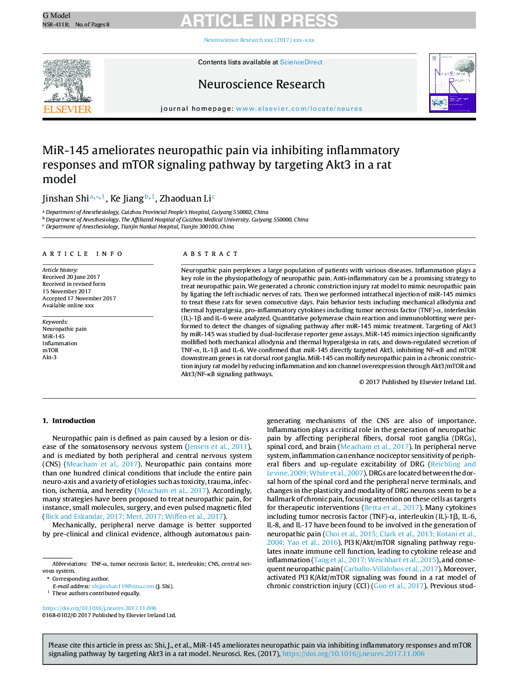 MiR-145 ameliorates neuropathic pain via inhibiting inflammatory responses and mTOR signaling pathway by targeting Akt3 in a rat model