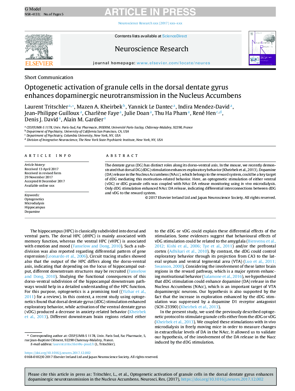 Optogenetic activation of granule cells in the dorsal dentate gyrus enhances dopaminergic neurotransmission in the Nucleus Accumbens