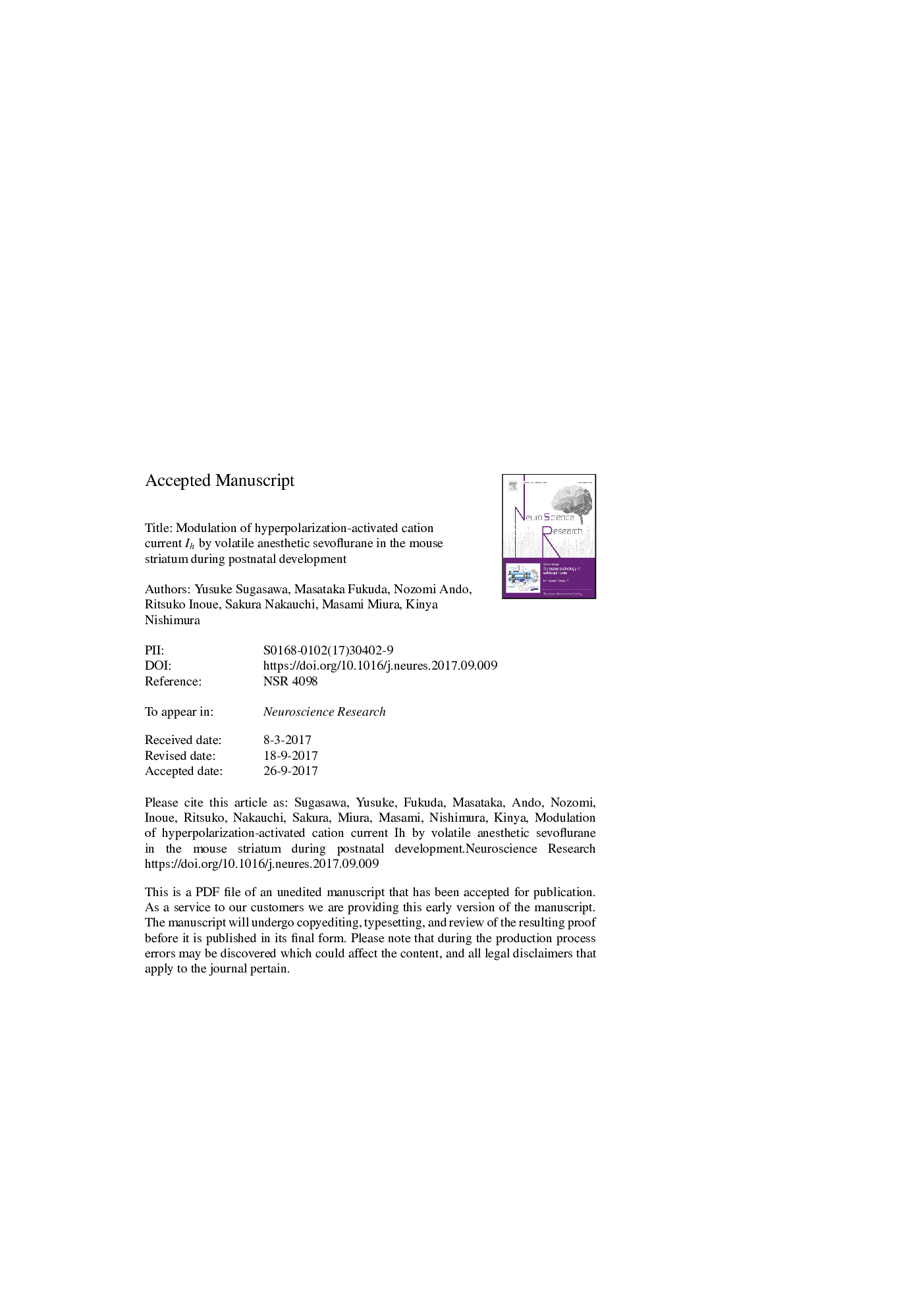 Modulation of hyperpolarization-activated cation current Ih by volatile anesthetic sevoflurane in the mouse striatum during postnatal development