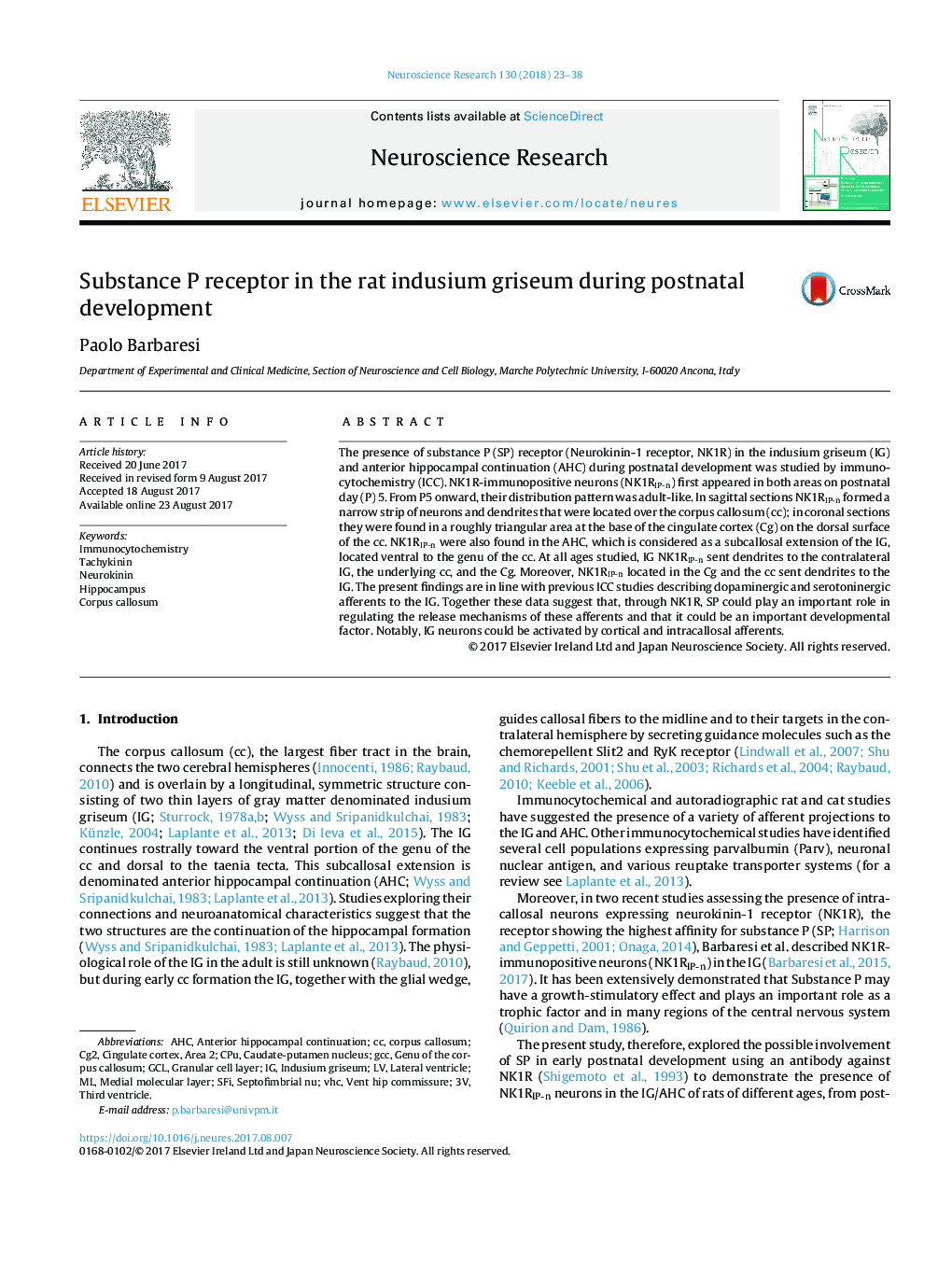 Substance P receptor in the rat indusium griseum during postnatal development