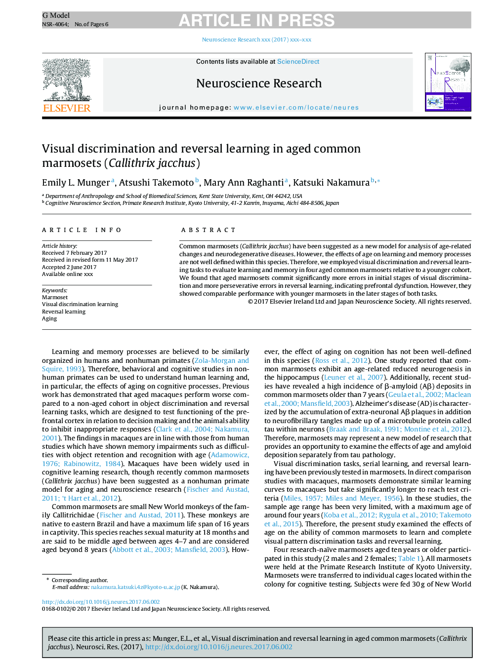 Visual discrimination and reversal learning in aged common marmosets (Callithrix jacchus)