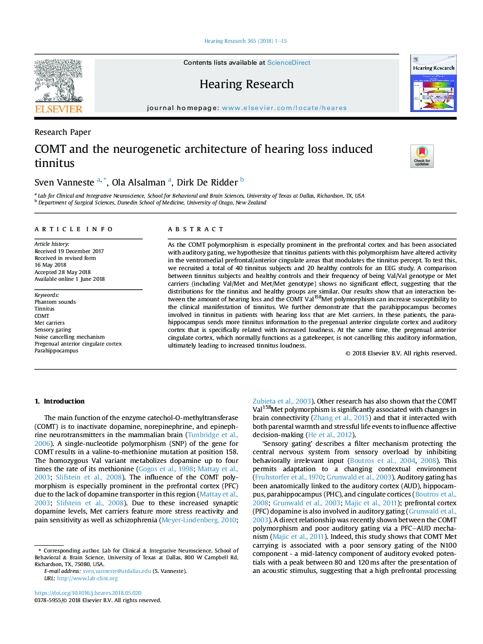 COMT and the neurogenetic architecture of hearing loss induced tinnitus