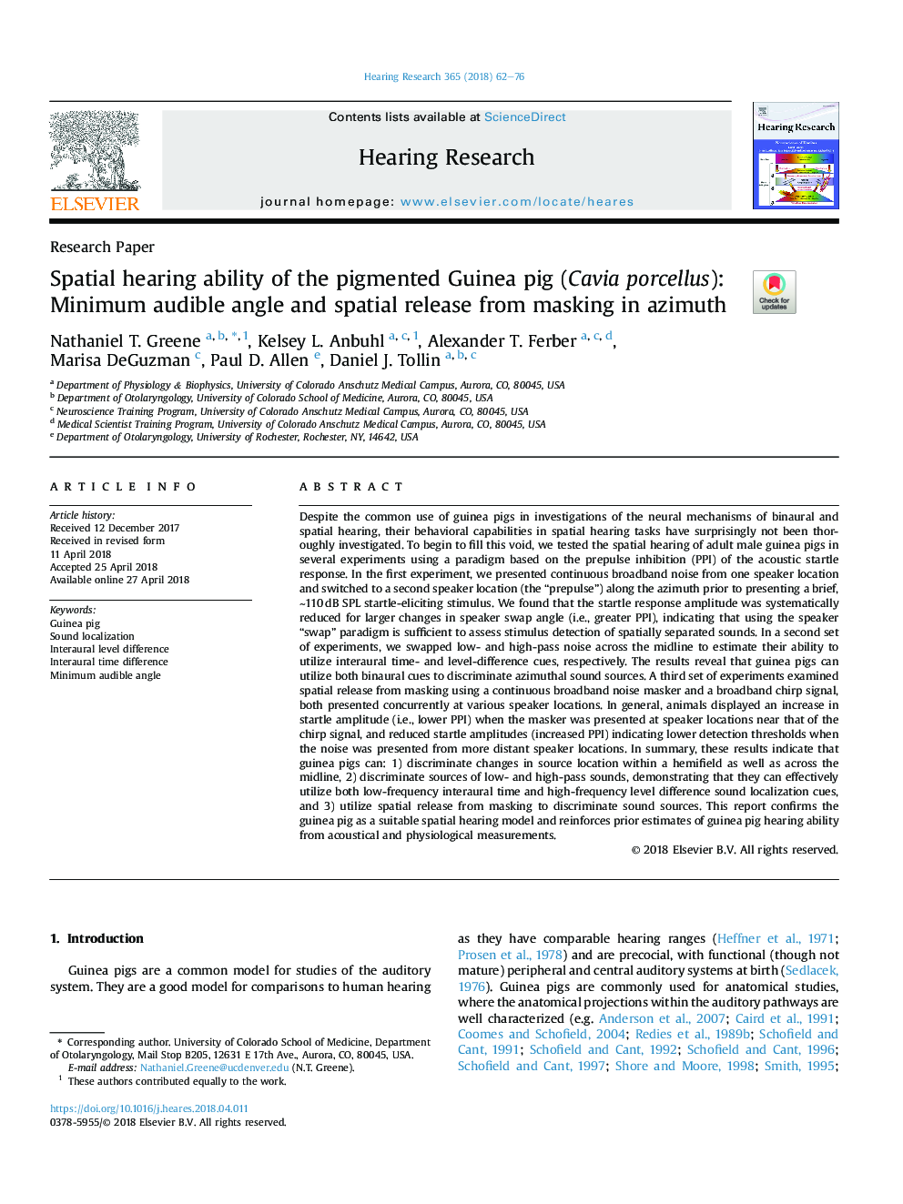 Spatial hearing ability of the pigmented Guinea pig (Cavia porcellus): Minimum audible angle and spatial release from masking in azimuth