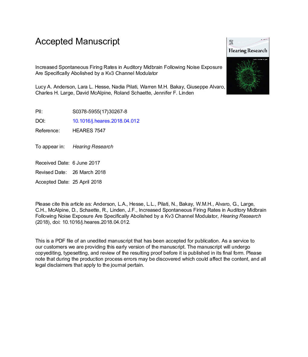 Increased spontaneous firing rates in auditory midbrain following noise exposure are specifically abolished by a Kv3 channel modulator