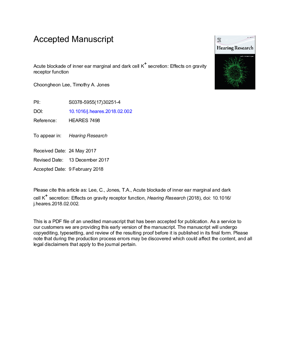 Acute blockade of inner ear marginal and dark cell K+ secretion: Effects on gravity receptor function