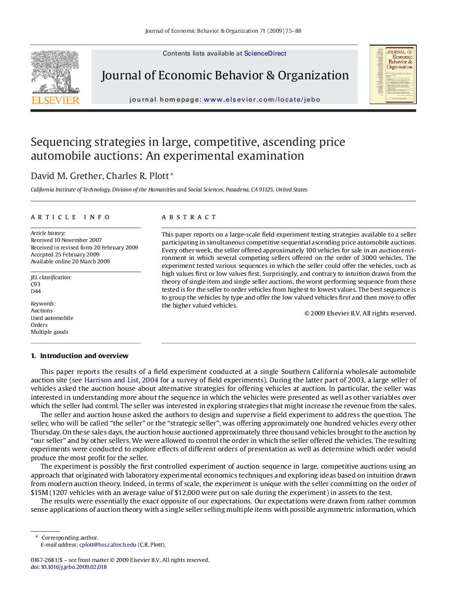 Sequencing strategies in large, competitive, ascending price automobile auctions: An experimental examination