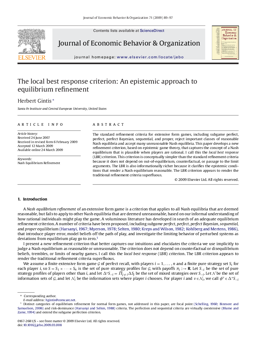 The local best response criterion: An epistemic approach to equilibrium refinement