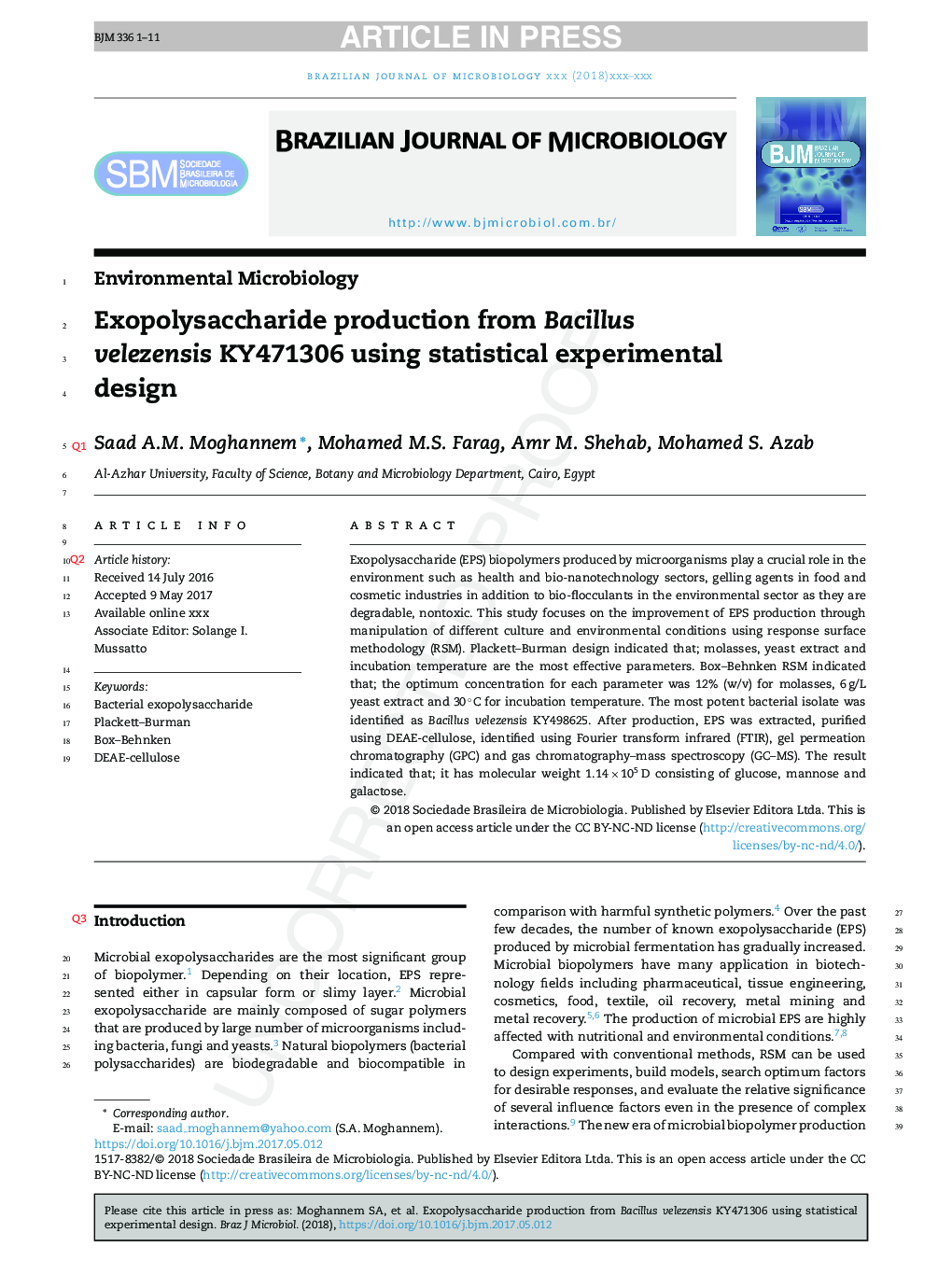 Exopolysaccharide production from Bacillus velezensis KY471306 using statistical experimental design