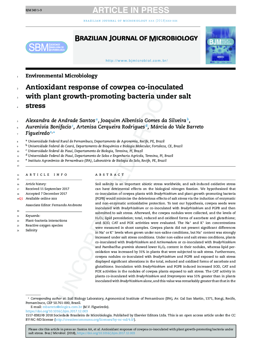 Antioxidant response of cowpea co-inoculated with plant growth-promoting bacteria under salt stress