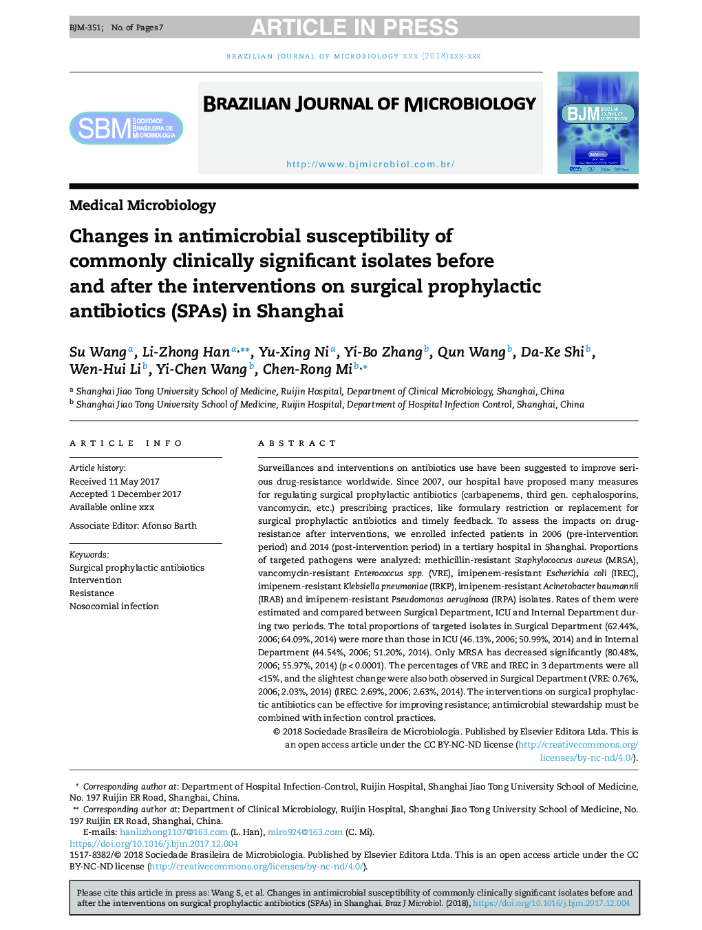 Changes in antimicrobial susceptibility of commonly clinically significant isolates before and after the interventions on surgical prophylactic antibiotics (SPAs) in Shanghai