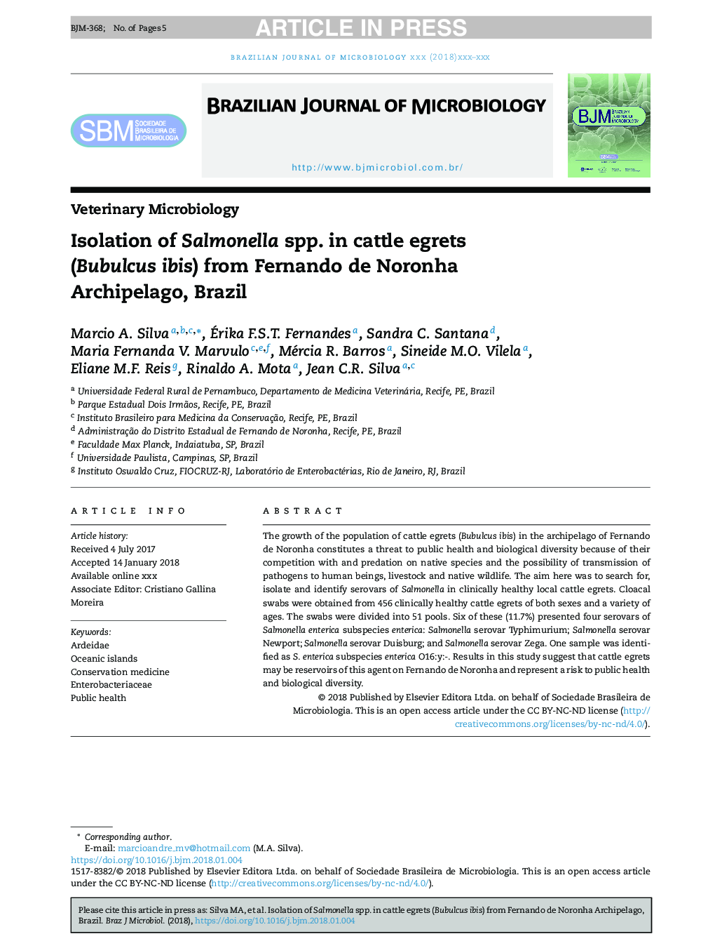 Isolation of Salmonella spp. in cattle egrets (Bubulcus ibis) from Fernando de Noronha Archipelago, Brazil