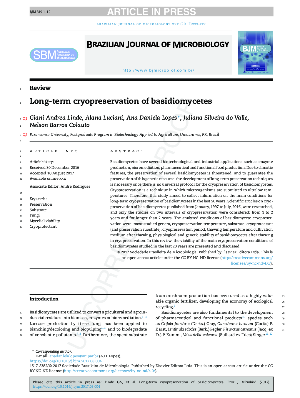 Long-term cryopreservation of basidiomycetes