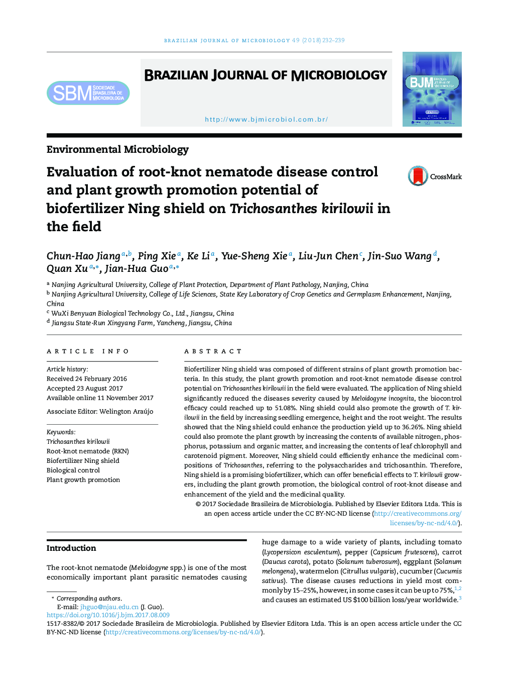 Evaluation of root-knot nematode disease control and plant growth promotion potential of biofertilizer Ning shield on Trichosanthes kirilowii in the field