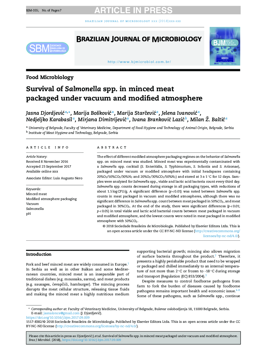 Survival of Salmonella spp. in minced meat packaged under vacuum and modified atmosphere