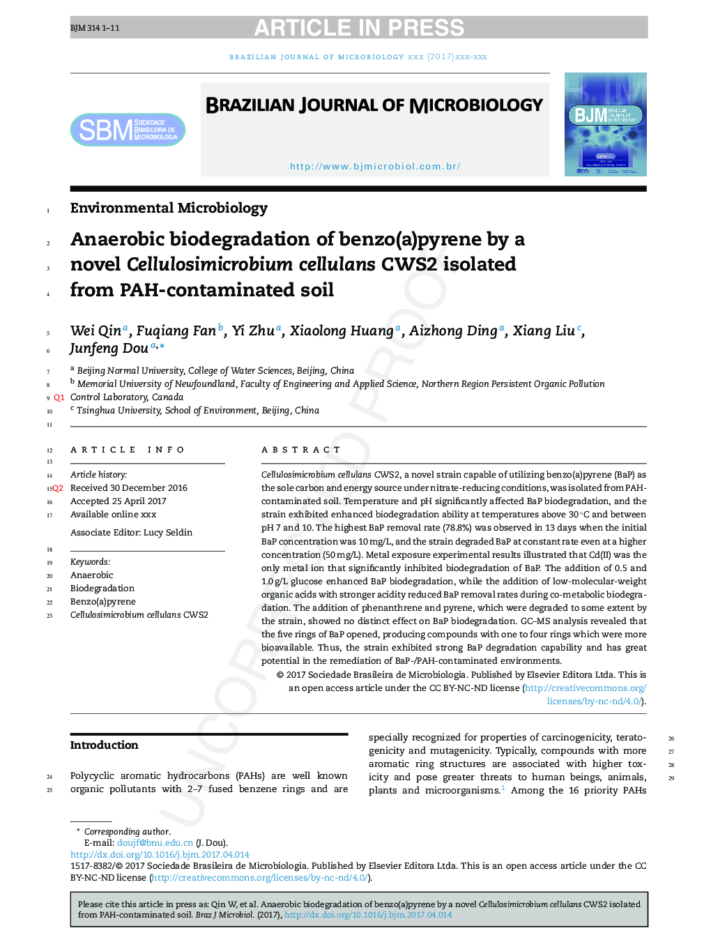 Anaerobic biodegradation of benzo(a)pyrene by a novel Cellulosimicrobium cellulans CWS2 isolated from polycyclic aromatic hydrocarbon-contaminated soil
