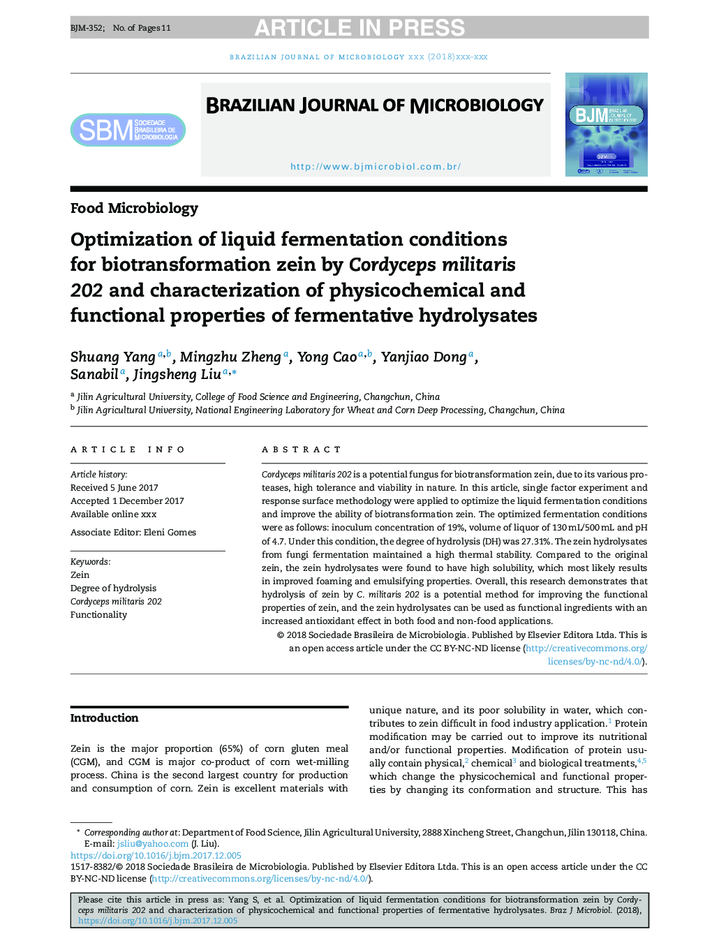 Optimization of liquid fermentation conditions for biotransformation zein by Cordyceps militaris 202 and characterization of physicochemical and functional properties of fermentative hydrolysates