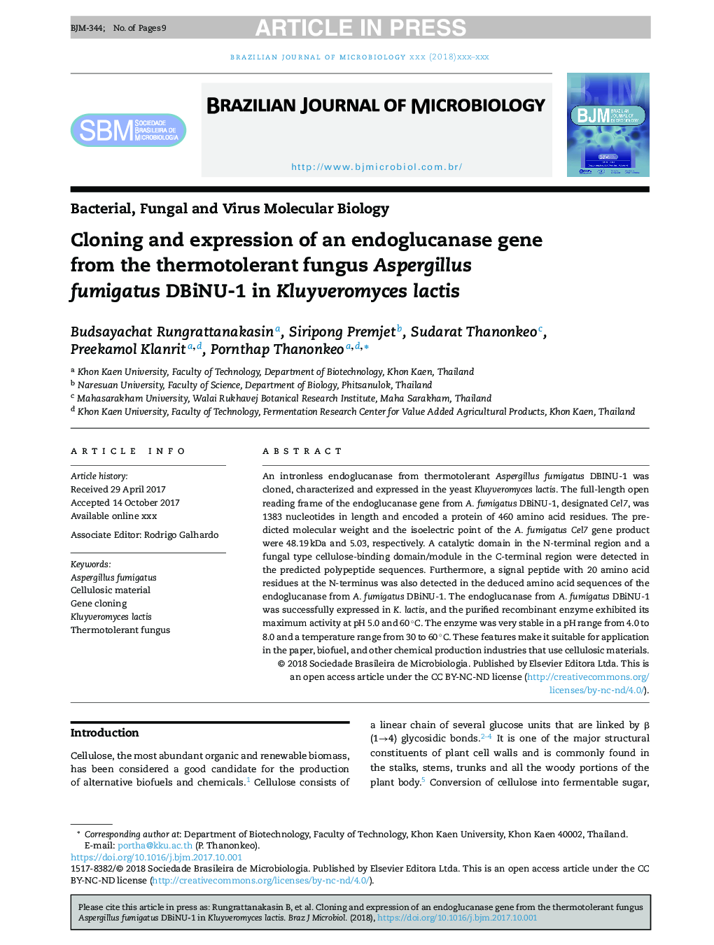 Cloning and expression of an endoglucanase gene from the thermotolerant fungus Aspergillus fumigatus DBiNU-1 in Kluyveromyces lactis