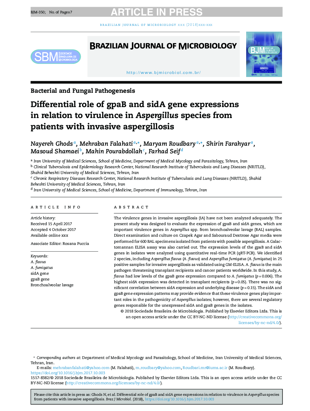 Differential role of gpaB and sidA gene expressions in relation to virulence in Aspergillus species from patients with invasive aspergillosis