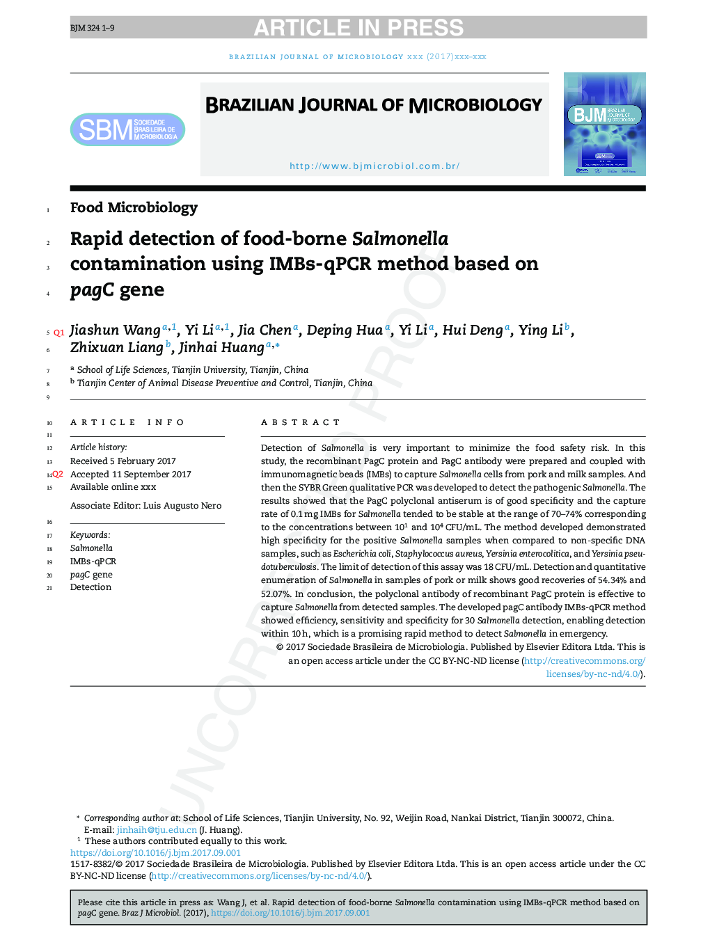 Rapid detection of food-borne Salmonella contamination using IMBs-qPCR method based on pagC gene