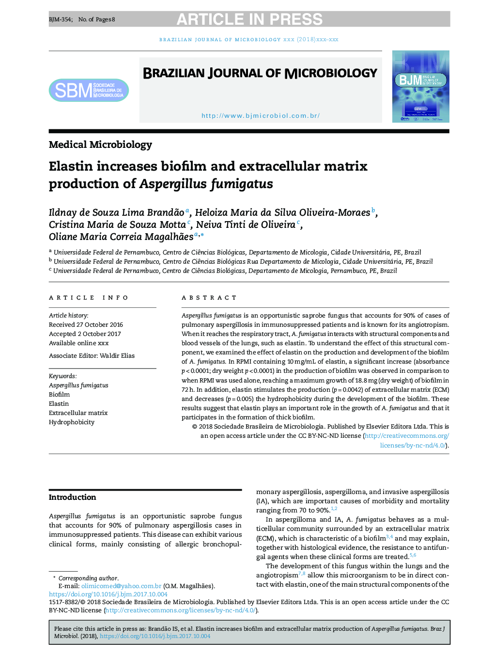 Elastin increases biofilm and extracellular matrix production of Aspergillus fumigatus