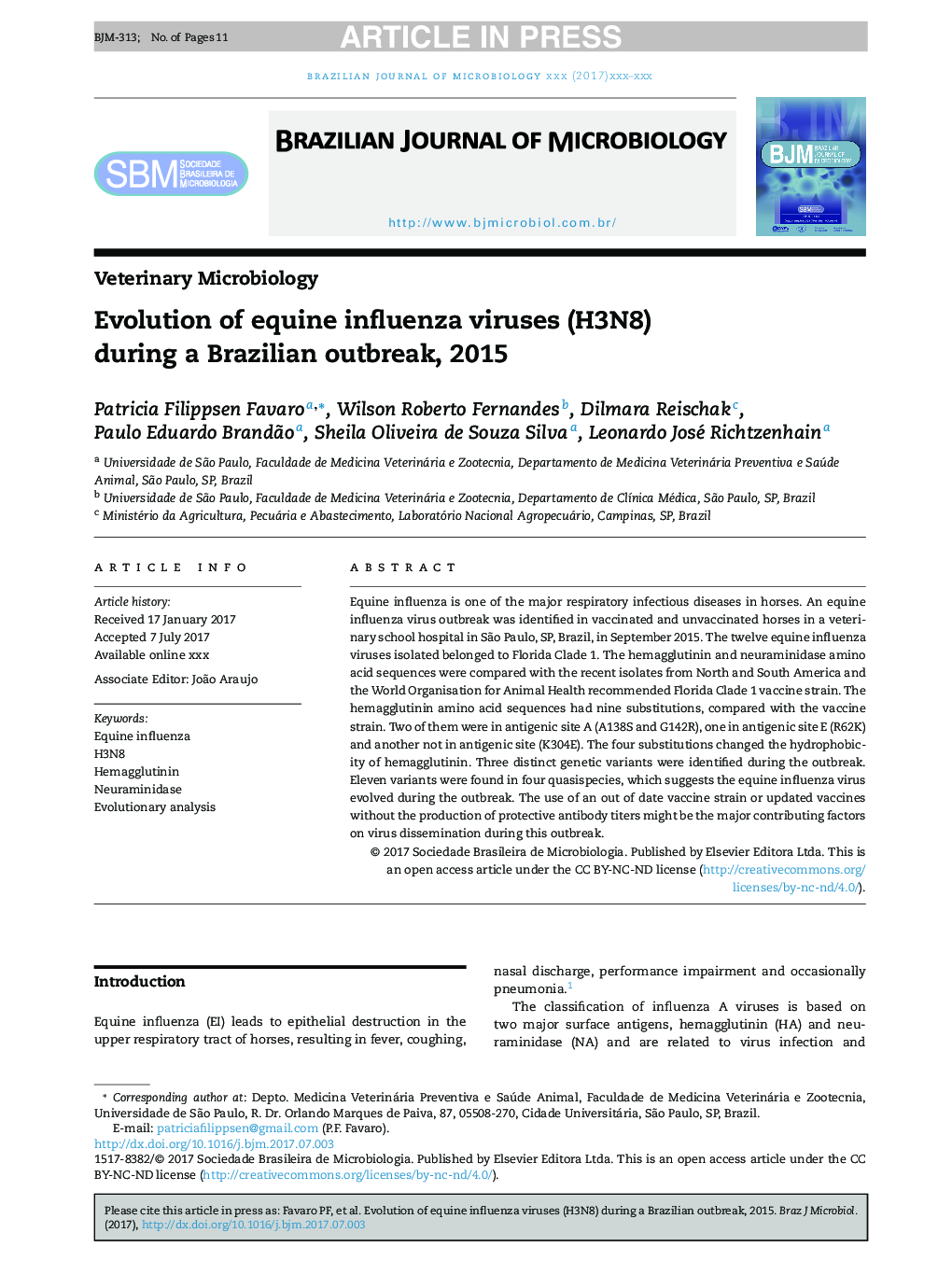 Evolution of equine influenza viruses (H3N8) during a Brazilian outbreak, 2015