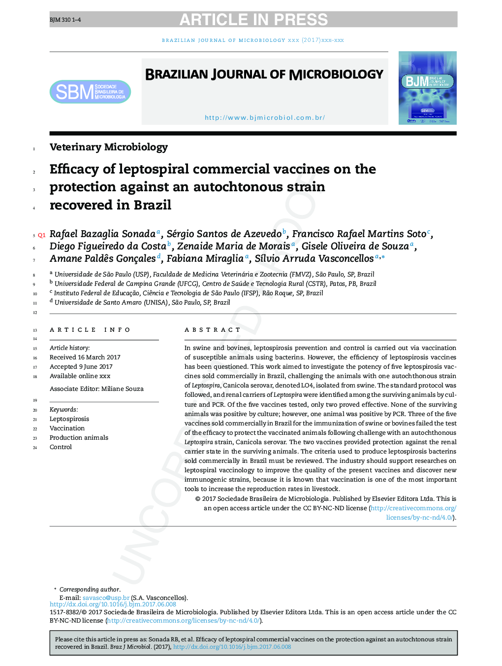 Efficacy of leptospiral commercial vaccines on the protection against an autochtonous strain recovered in Brazil