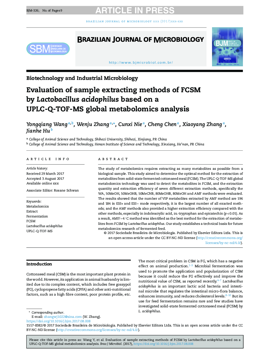 Evaluation of sample extracting methods of FCSM by Lactobacillus acidophilus based on a UPLC-Q-TOF-MS global metabolomics analysis