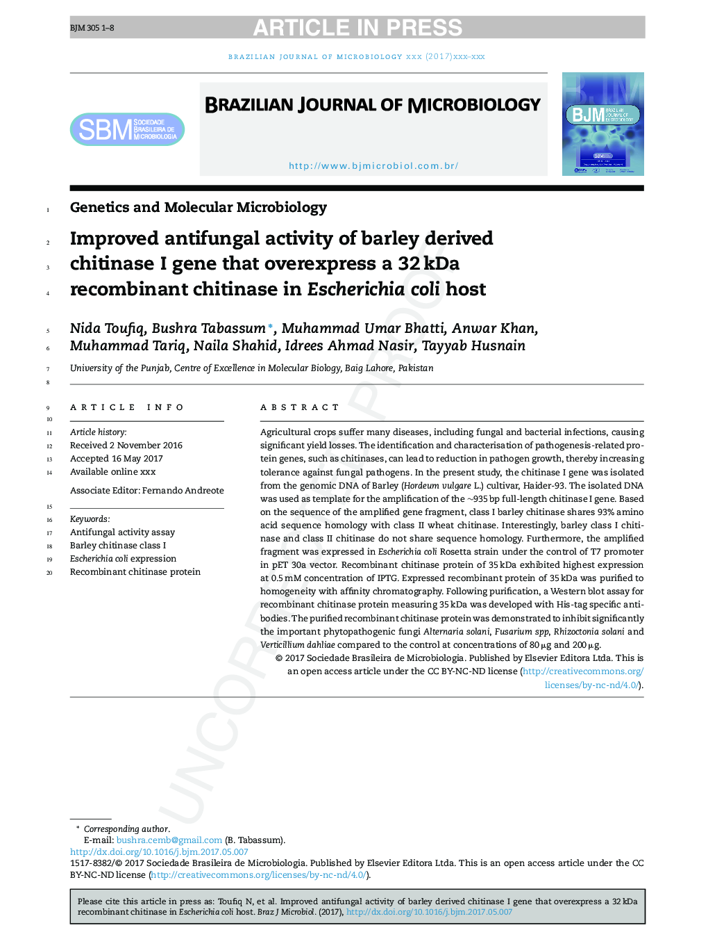 Improved antifungal activity of barley derived chitinase I gene that overexpress a 32Â kDa recombinant chitinase in Escherichia coli host